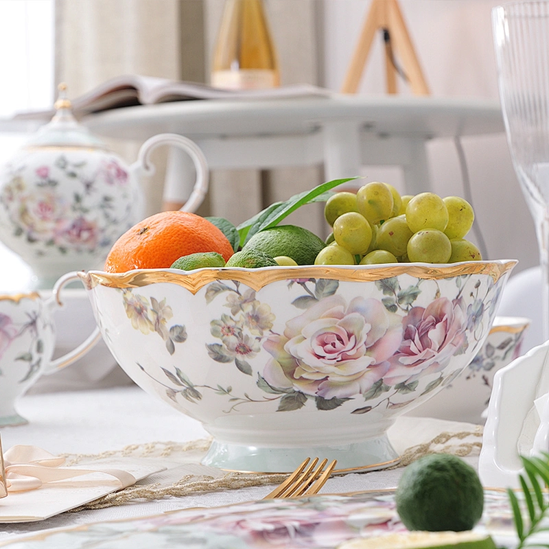 Customized restaurant floral pattern with gold rim bone china dinner plate decal luxury hotel ceramic tableware