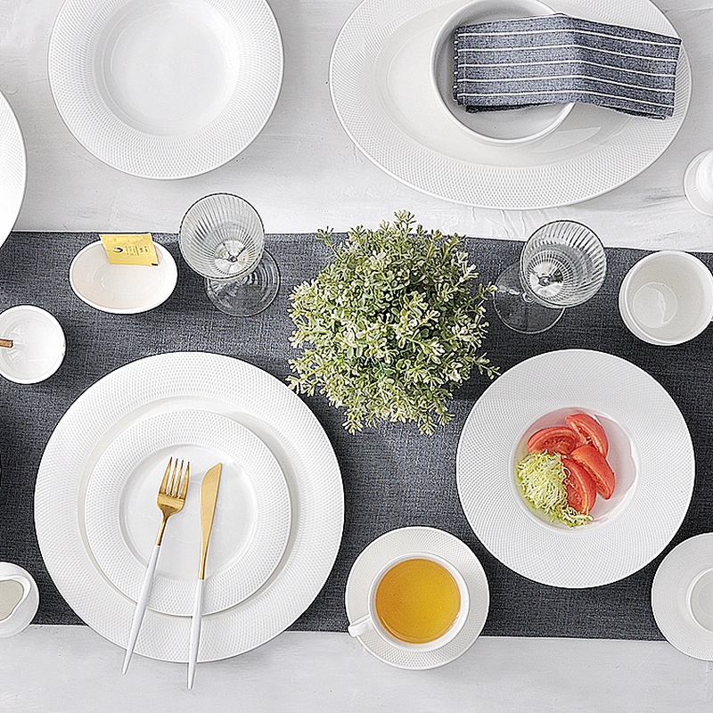 Chinaware New Dishwasher White Net Pattern Dinner Plates Side Plates Set Porcelain Cake Plate