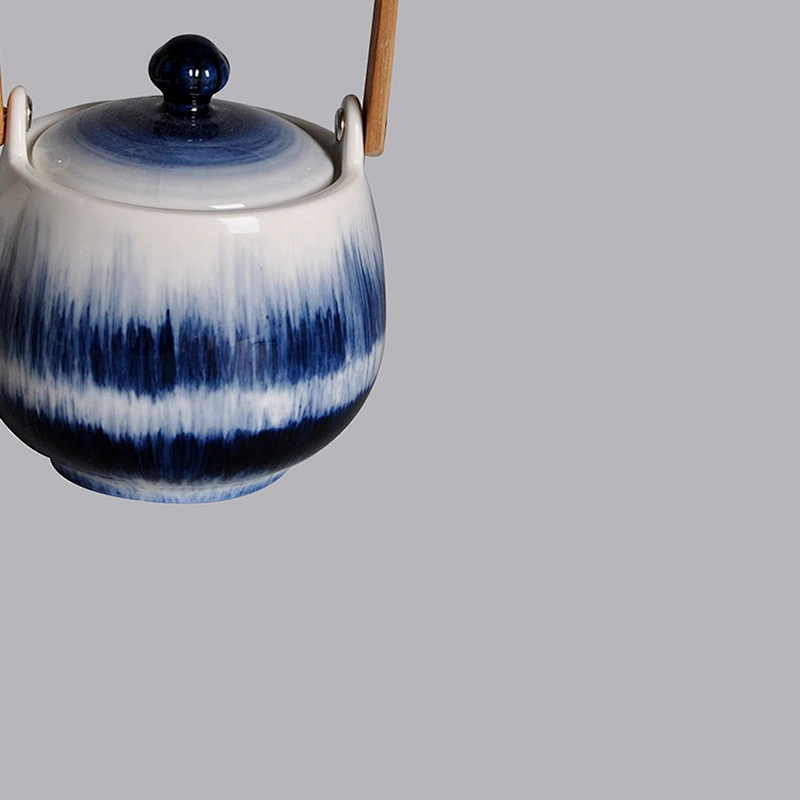 wholesale glazed japanese style blue china ware ceramic porcelain tea pot with wood handle