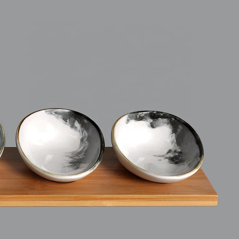 wholesale hotel unique small four porcelain snack dishes with bamboo tray