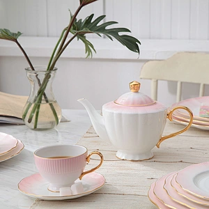 P&T Royal Ware gold rim pink colorful bone china ceramic dinnerware sets luxury
