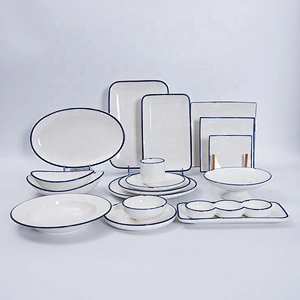 Wholesale Modern Blue Edge White Tableware Hotel Catering Dinnerware Set
