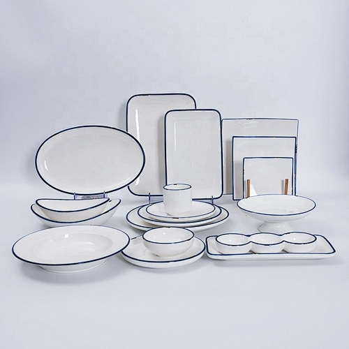 Wholesale Modern Blue Edge White Tableware Hotel Catering Dinnerware Set