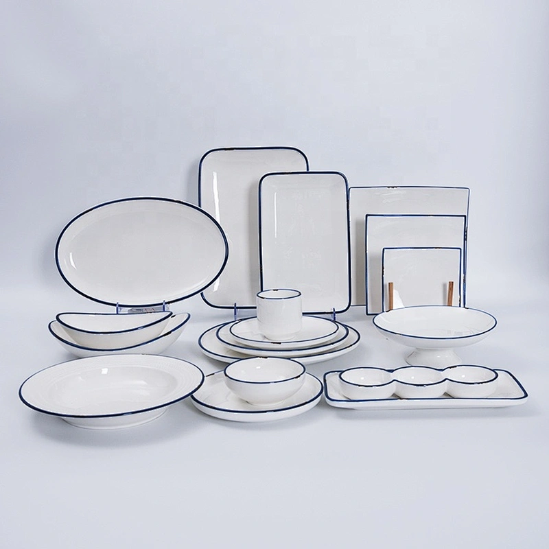 Wholesale Modern Blue Edge White Tableware Hotel Catering Dinnerware Set