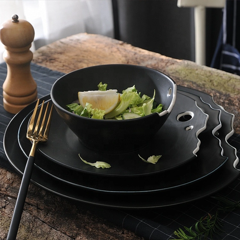 wholesale unique shape glazed matt black ceramic dinner plates for restaurant