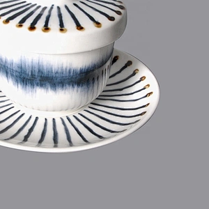 wholesale white unique pattern porcelain no handle ceramic tea cup and saucer set with lid