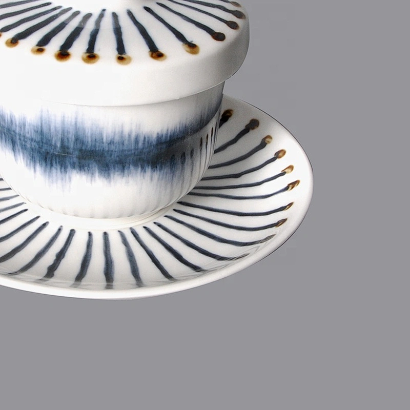 wholesale white unique pattern porcelain no handle ceramic tea cup and saucer set with lid