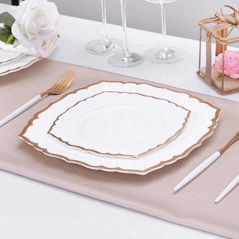 PITO Famous Brand Handmade Restaurant Dinner Plate,Ceramic Bone China Gold Rim Square Dessert Plate