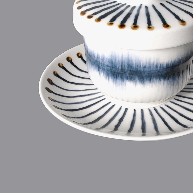 wholesale white unique pattern porcelain no handle ceramic tea cup and saucer set with lid