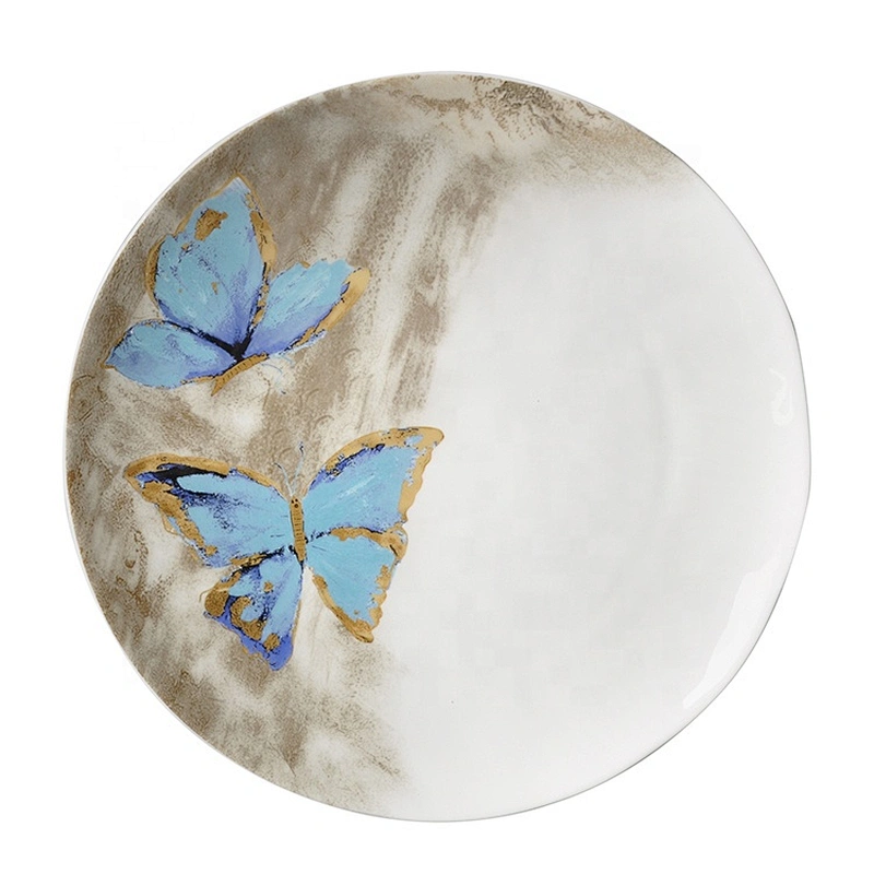 wholesale butterfly pattern white crockery tableware chinese porcelain dish hotel used round ceramic plate for restaurants