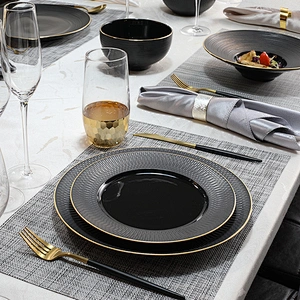 20Years Hotel Supplier Glaze Gold Rim Plate,In Stock Handmade Black Pasta Plate For Restaurant