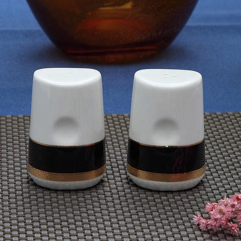 wholesale custom white ceramic salt and pepper shakers with embossed gold black