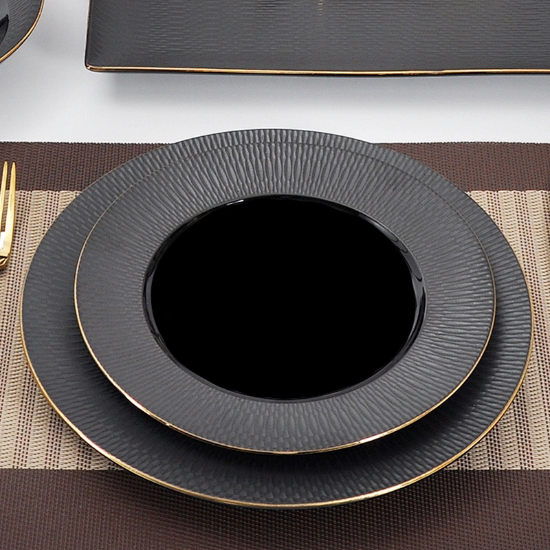 Free Sample Ceramic Porcelain Black Buffet Party Wedding Restaurant Dinner Plate with Gold Rim