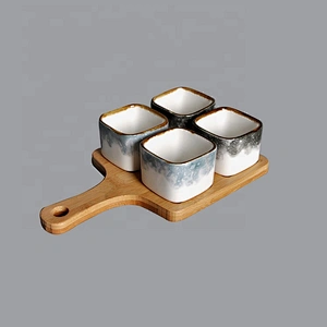 Snack Compartment Condiment Serving Set Ceramic square Dip Sauce Ramekins Appetizer Tapas saucer with Bamboo Handle Tray