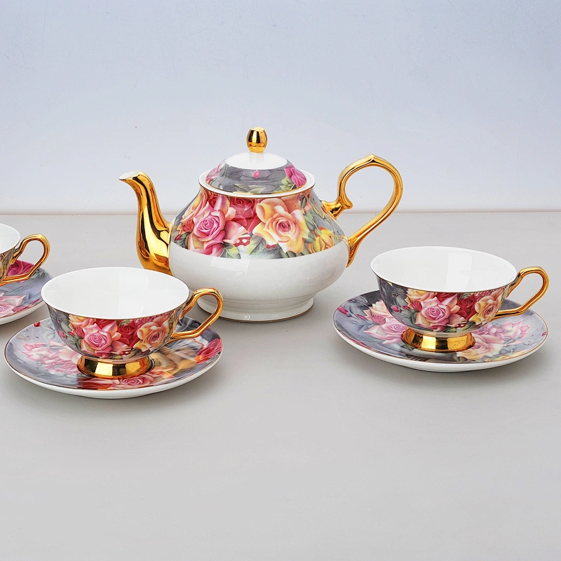 bone china factory hot sale colorful flower with golden rim coffee set tea set color design decal plates