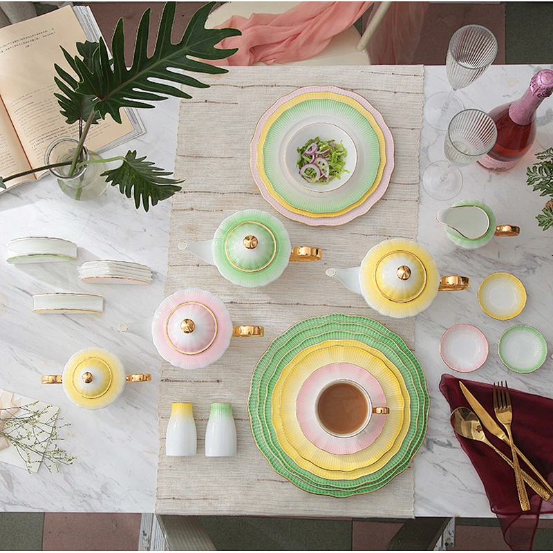 P&T Royal Ware gold rim pink colorful bone china ceramic dinnerware sets luxury