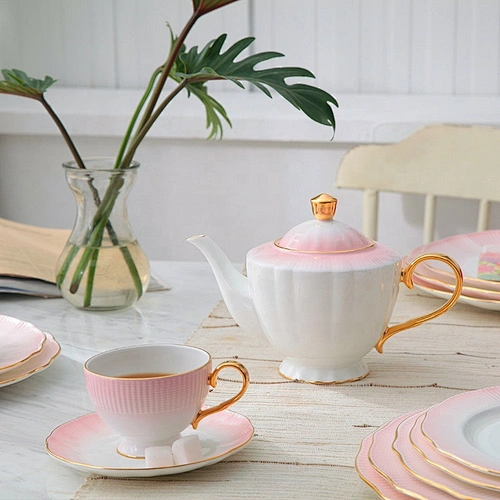 high quality ceramic pink color fine bone china coffee pot set tea cups tea pot