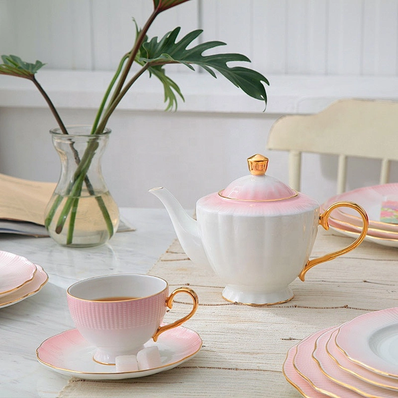 high quality ceramic pink color fine bone china coffee pot set tea cups tea pot