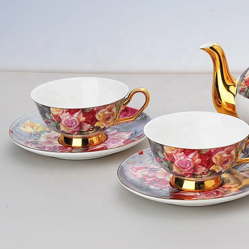 bone china factory hot sale colorful flower with golden rim coffee set tea set color design decal plates