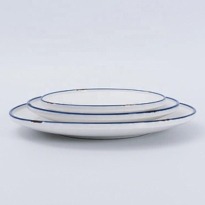 Custom Logo Cheap Unique Design Blue Edge Round Flat Restaurant Ceramic Plates Dishes