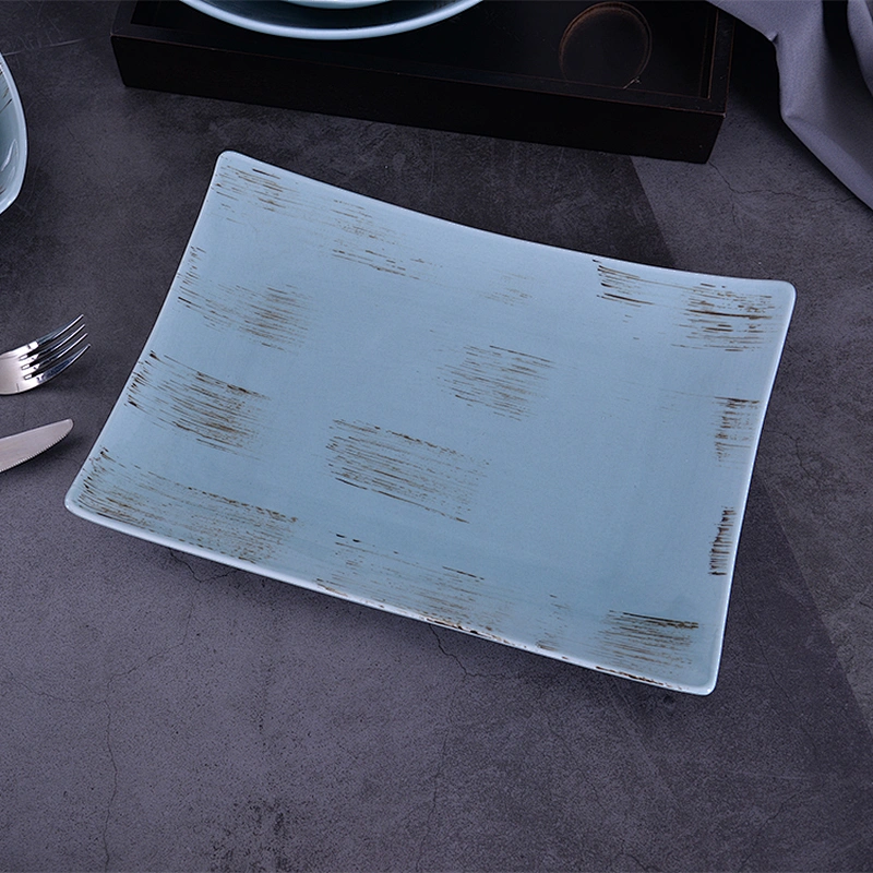 Hotel Plates Dishes Dinner Long Plates Blue On-glazed  Ceramic Rectangular Serving Plates