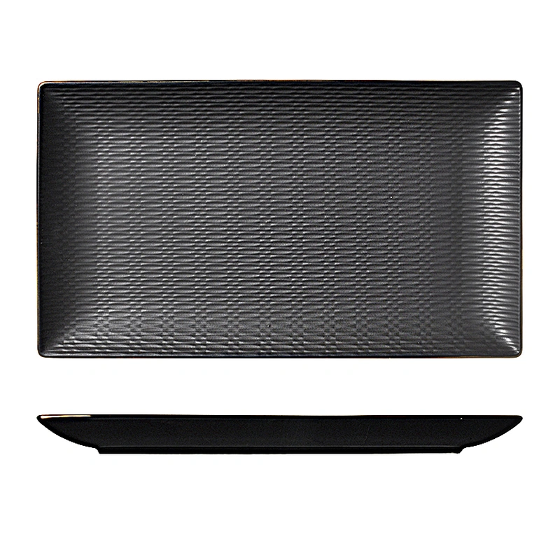 P&T Chaozhou Factory Dishwasher Safe Glaze Ceramic Gold Rim Black Rectangle Plate for Restaurant