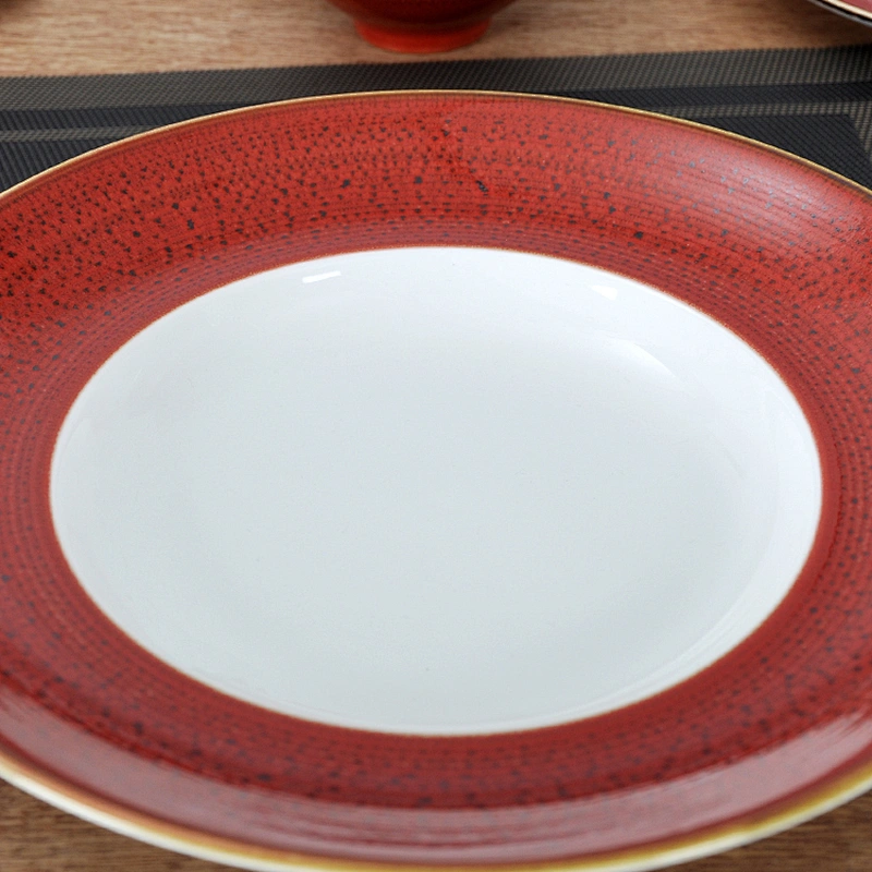 Chaozhou Good Quality In Stock Kiln Red Glaze Ceramic Wide Edge Pasta Plate