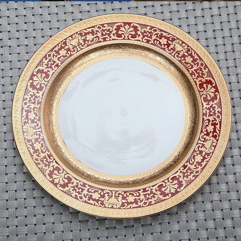 European style bone china plate Embossed gold red dinnerware oval bone china plate