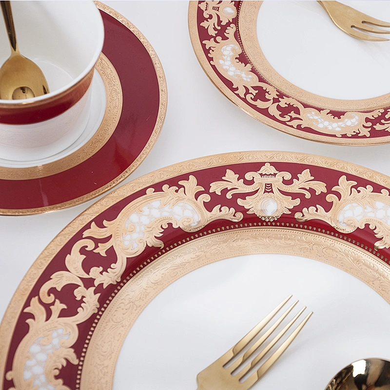 Royal ware bone china golden patterns plates New design embossed golden patterns dinner set