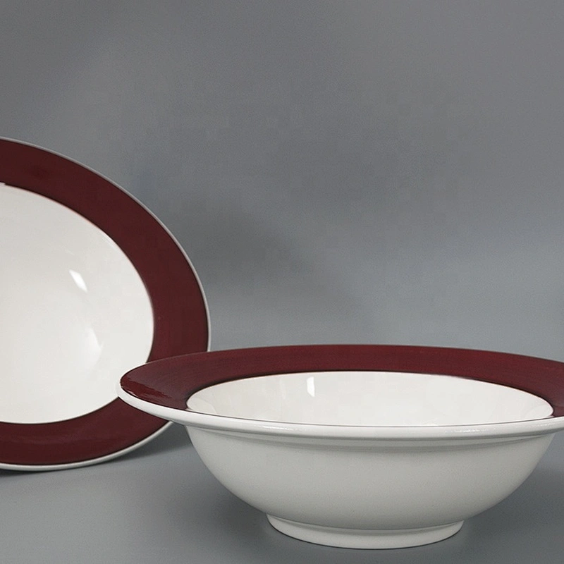 Wholesale Red Edge Round Ceramic Porcelain Restaurant Straw Hat Spaghetti Soup Bowl