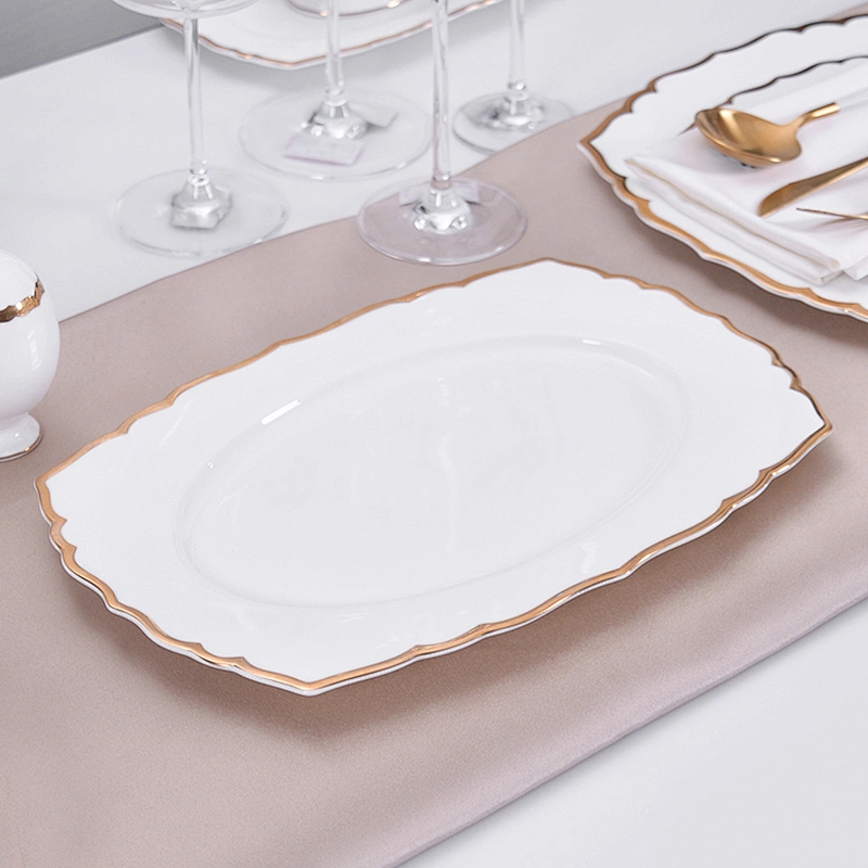 Hotel Luxury Ceramic Tableware Bone China with Gold Rim Fish Plate,Rectangular Plate for Dishes Plates Ceramic Wedding
