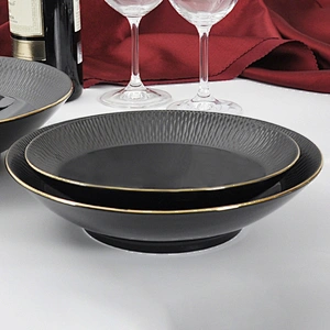 20Years Hotel Supplier Glaze Gold Rim Plate,In Stock Handmade Black Pasta Plate For Restaurant