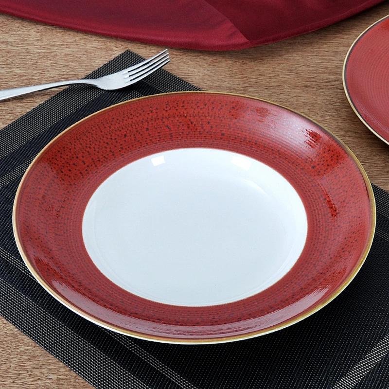 Chaozhou Good Quality In Stock Kiln Red Glaze Ceramic Wide Edge Pasta Plate
