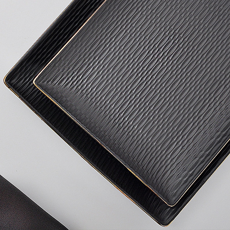 P&T Chaozhou Factory Dishwasher Safe Glaze Ceramic Gold Rim Black Rectangle Plate for Restaurant
