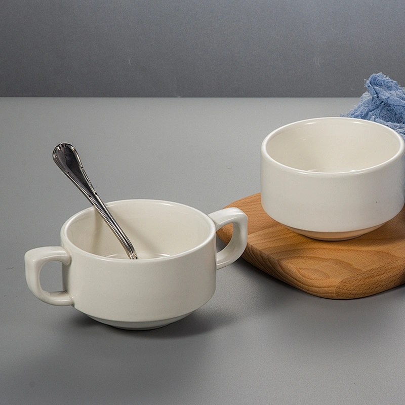 supplier hotel Restaurant Stackable white Double Handle ceramic soup bowl