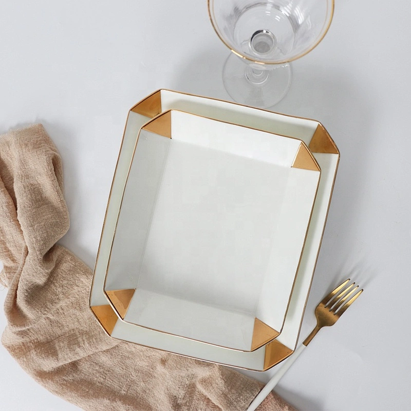color glazed high end hotel restaurant banquet plates bone china tableware porcelain dinner plate with gold rim  price wholesale