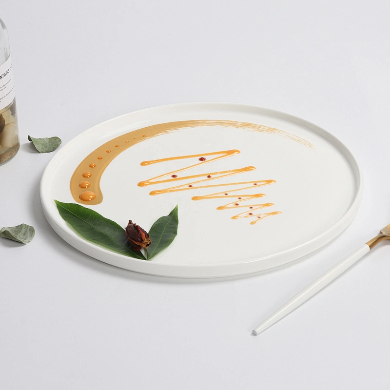 Custom transparent gold pattern White steak serving platter bone china dinnerware porcelain charger dinner plate manufacturer