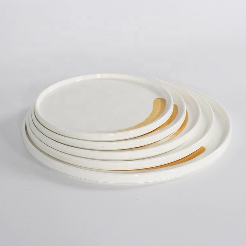 Custom transparent gold pattern White steak serving platter bone china dinnerware porcelain charger dinner plate manufacturer