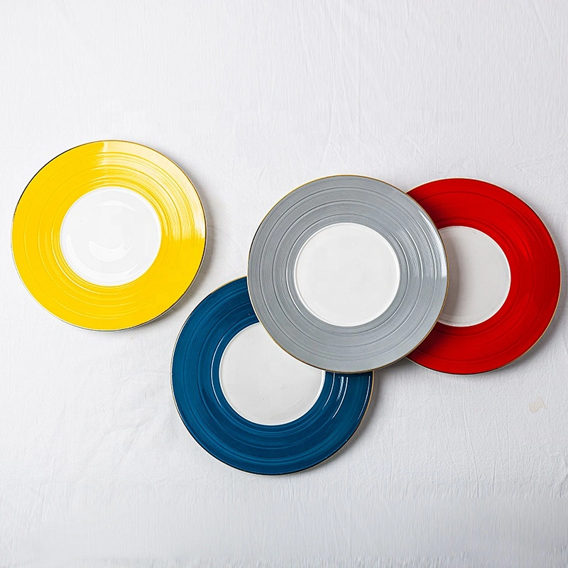 custom restaurant wedding gold rim party colorful glazed dinner serving plates sets charger porcelain ceramic plate wholesale