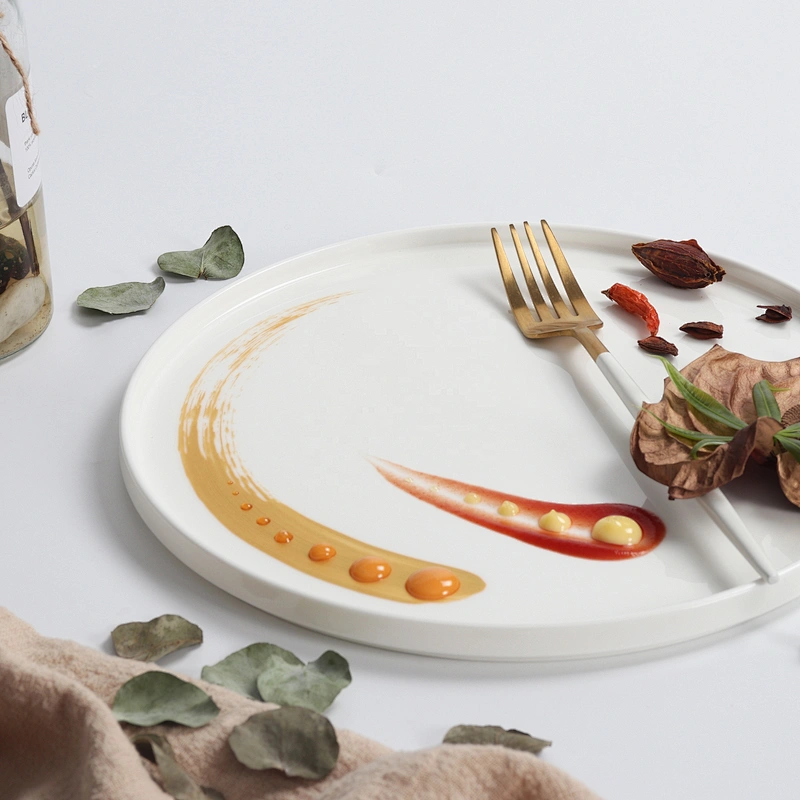 Custom transparent gold pattern White steak serving platter bone china dinnerware porcelain charger dinner plate manufacturer