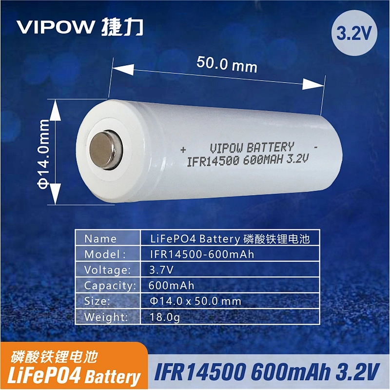 LiFePO4 Battery IFR14500 600mAh 3.2V tip top
