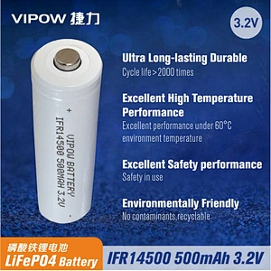 LiFePO4 Battery IFR14500 500mAh 3.2V Tip top