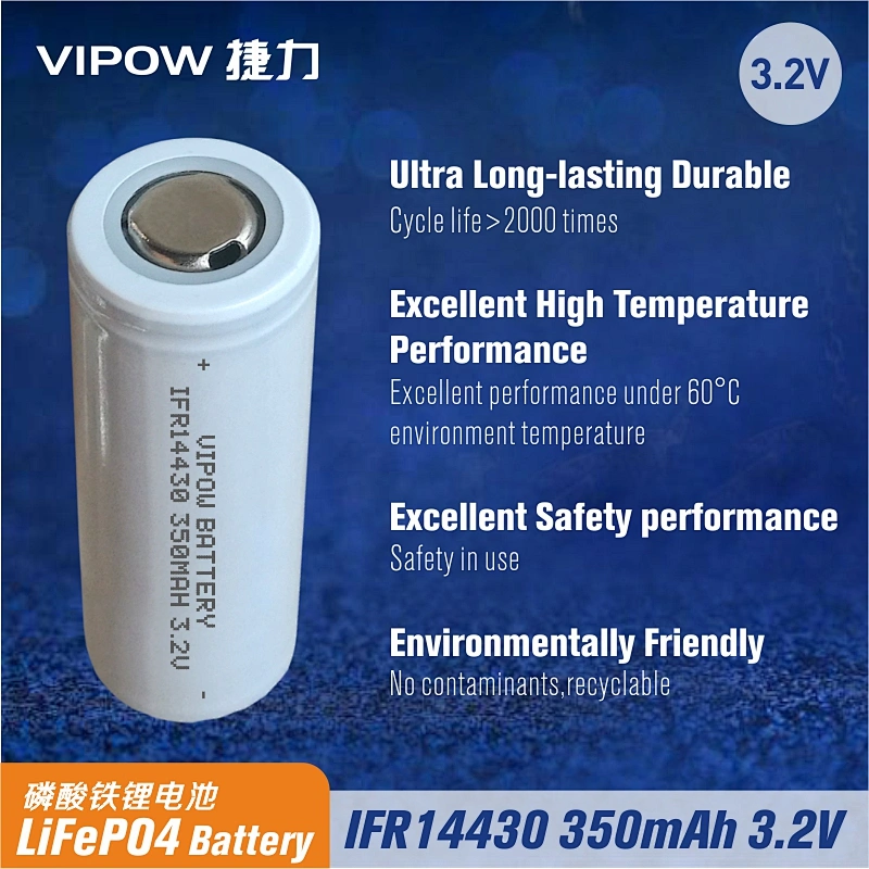 LiFePO4 Battery IFR14430 350mAh 3.2V Flat top