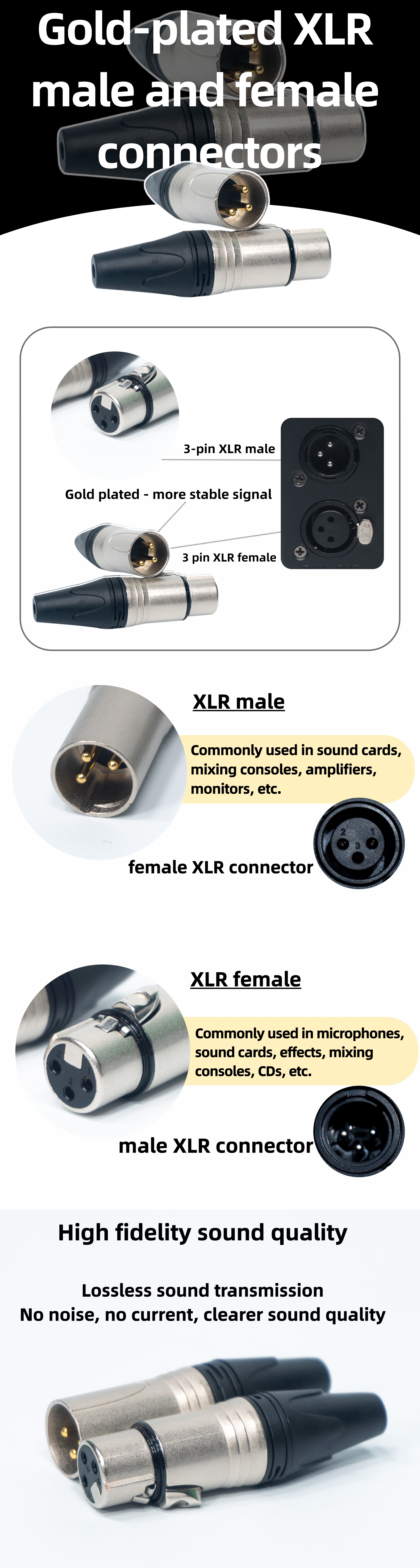 Gold-plated XLR male and female connectors