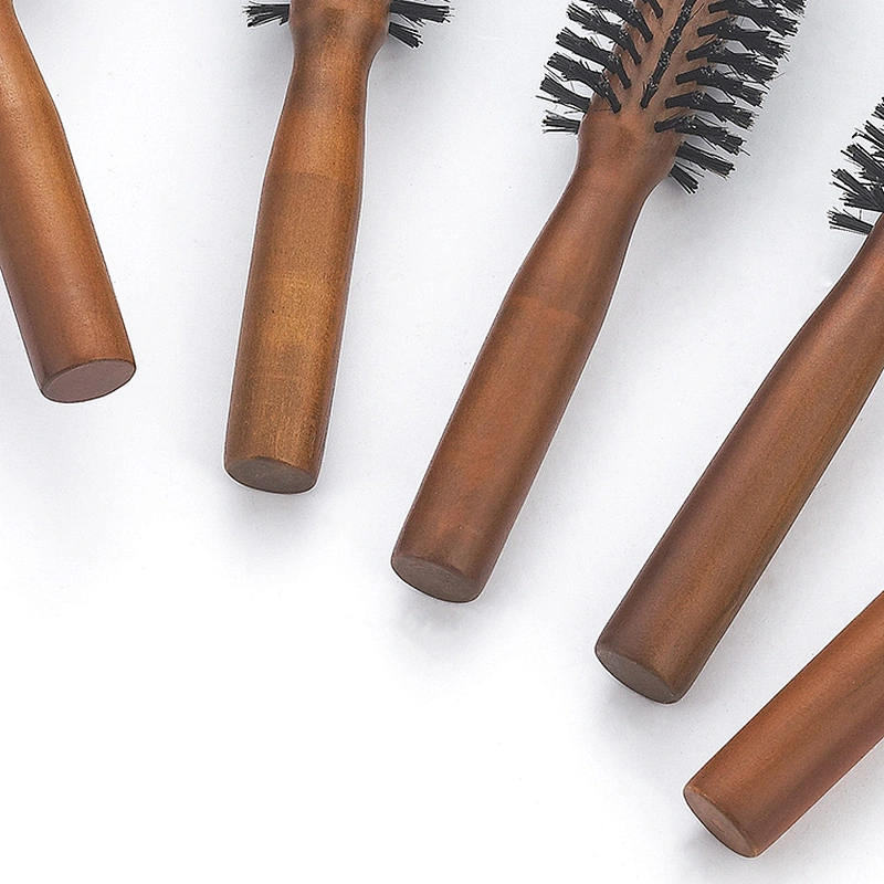 Wholesale handmade round wooden handle boar bristles Ionic curved hair styling brush