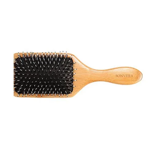 Bamboo wooden cushion massage paddle hairbrush with natural Boar bristles