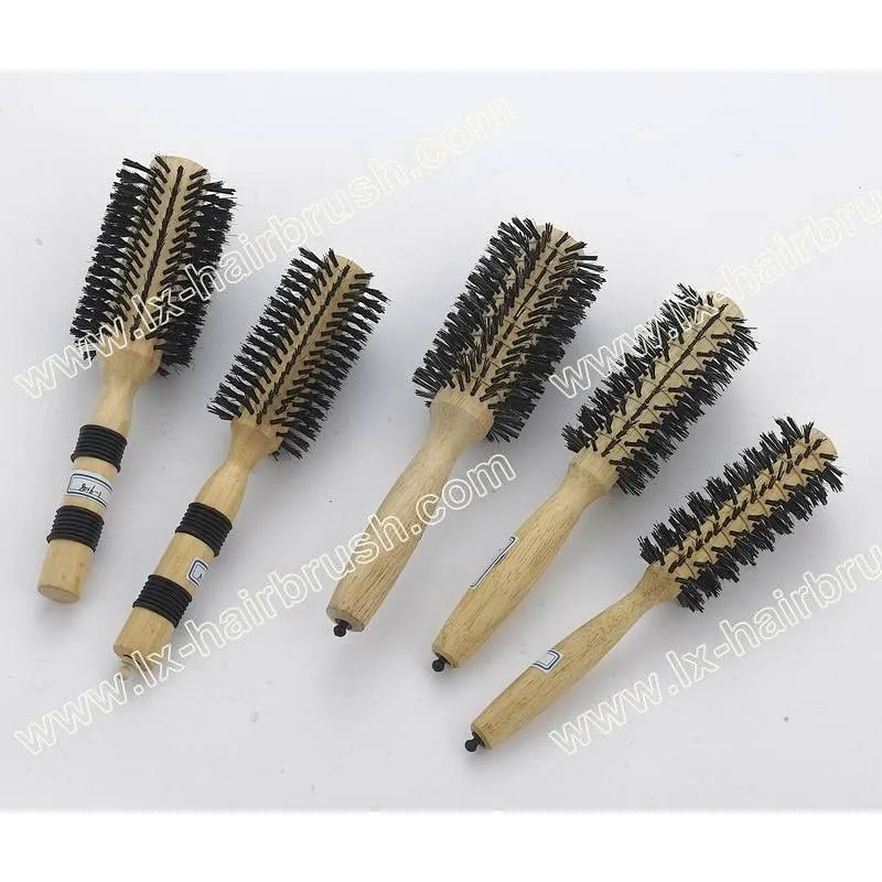 wooden handle round hairbrush with mixed bristle
