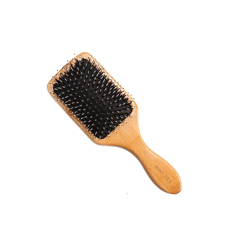 Bamboo wooden cushion massage paddle hairbrush with natural Boar bristles