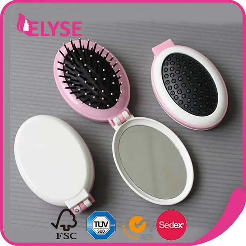 Folding oval plastic pocket hair brush comb with mirror