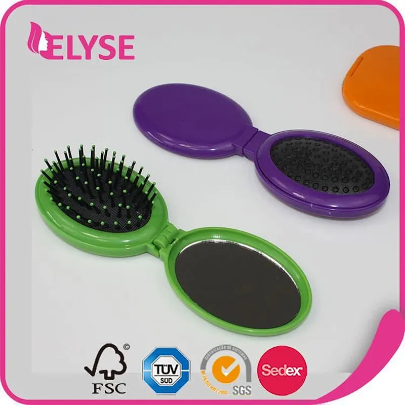 Folding oval plastic pocket hair brush comb with mirror